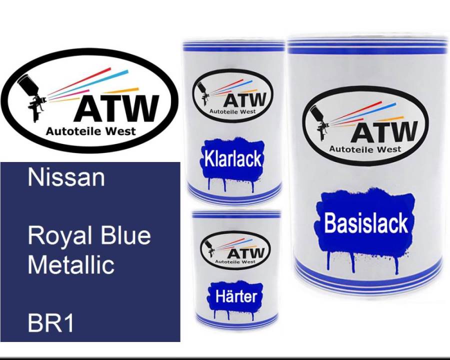 Nissan, Royal Blue Metallic, BR1: 500ml Lackdose + 500ml Klarlack + 250ml Härter - Set, von ATW Autoteile West.